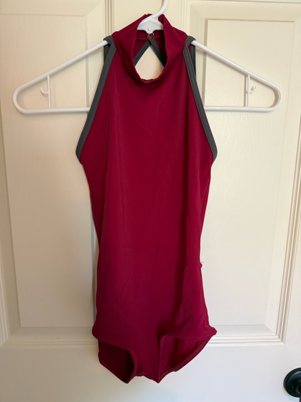 Yumiko high neck, lined leotard size XS Deep Berry with Gray Trim